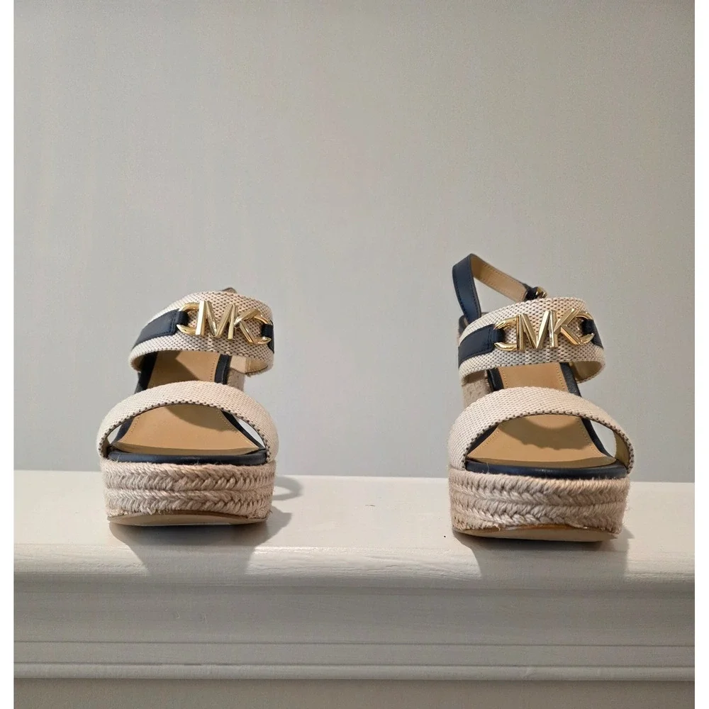 Women 6 M Michael‎ Kors Reed Wedge Sandals Navy Natural Espadrille Platform Logo